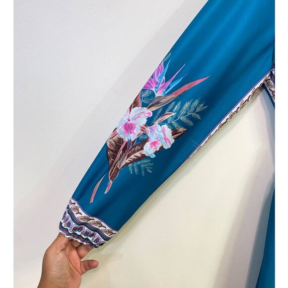 VTG Amy Deb Tropical Floral Dress Union Made  USA 1970'S Blue Belted Medium - Picture 3 of 7
